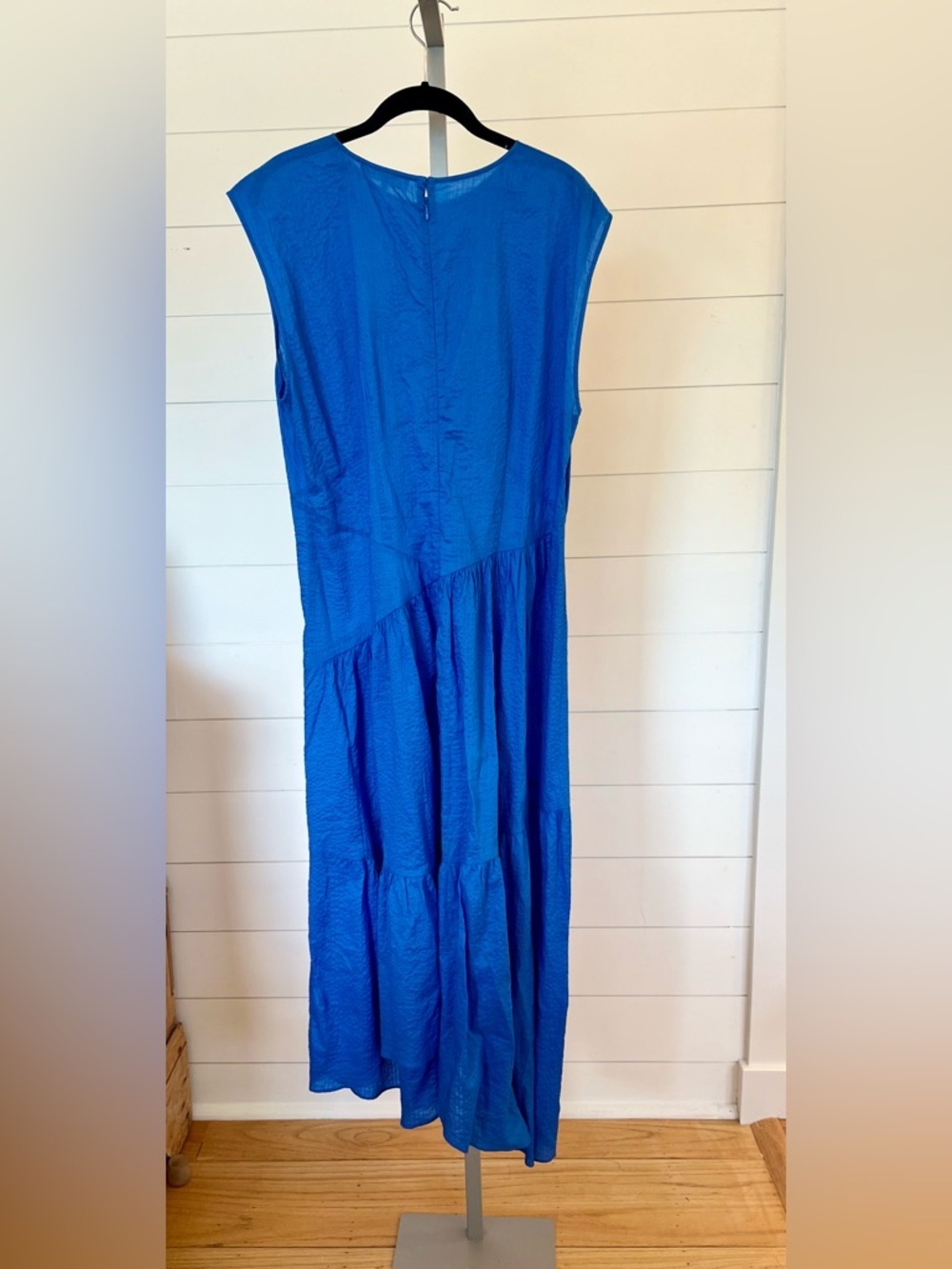 FRAME Gathered Seam Dress XL Blue Midi – Tiered Cotton Gauze Sleeveless